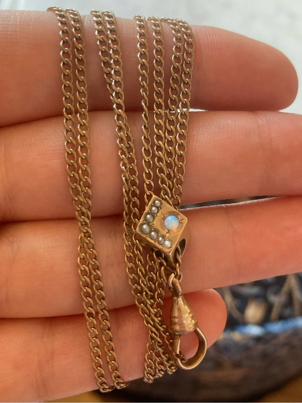 Antique Victorian Opal & Seed Pearl Gold-Filled Watch Chain Necklace